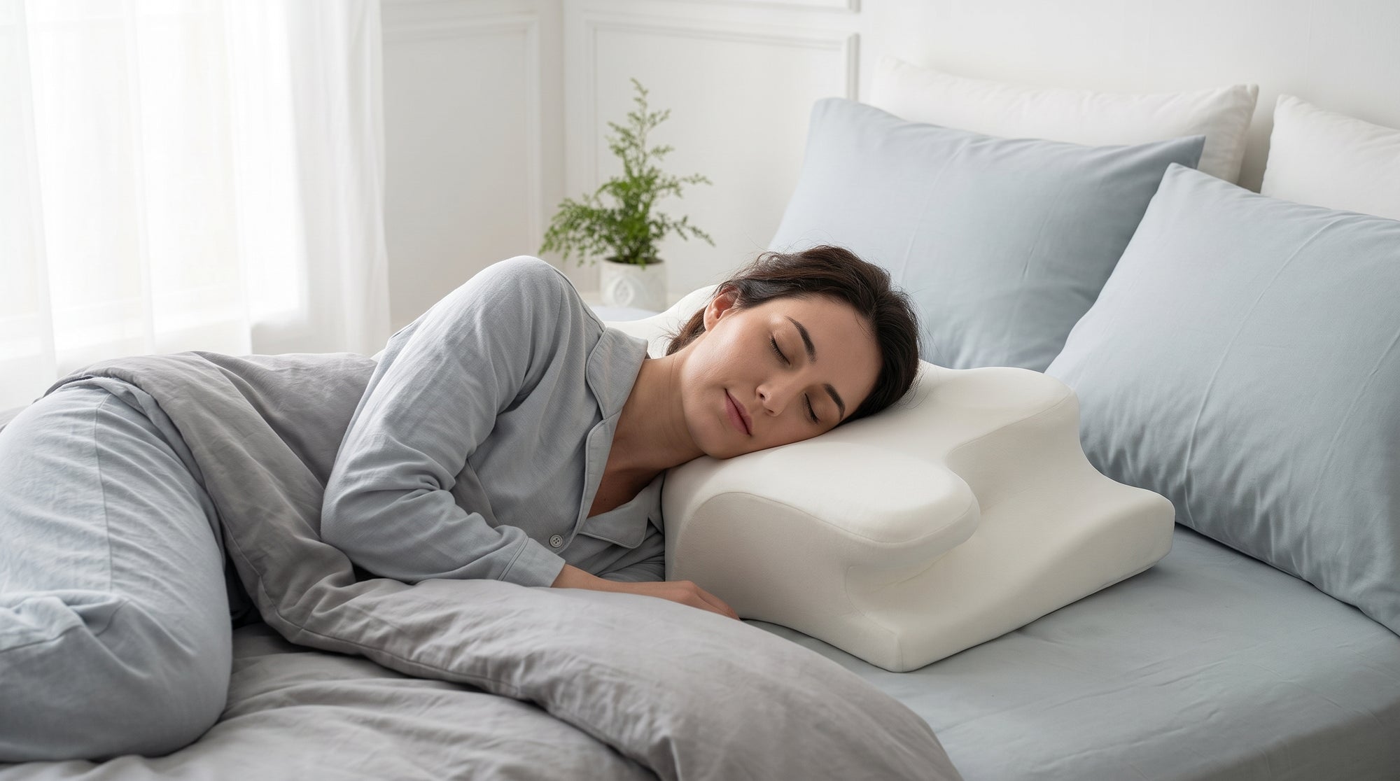 Woman resting comfortably on the Helpfect Butterfly Memory Foam Pillow