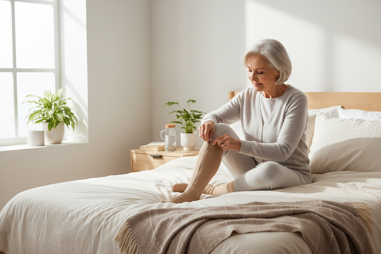 Elderly person easily zipping on compression socks