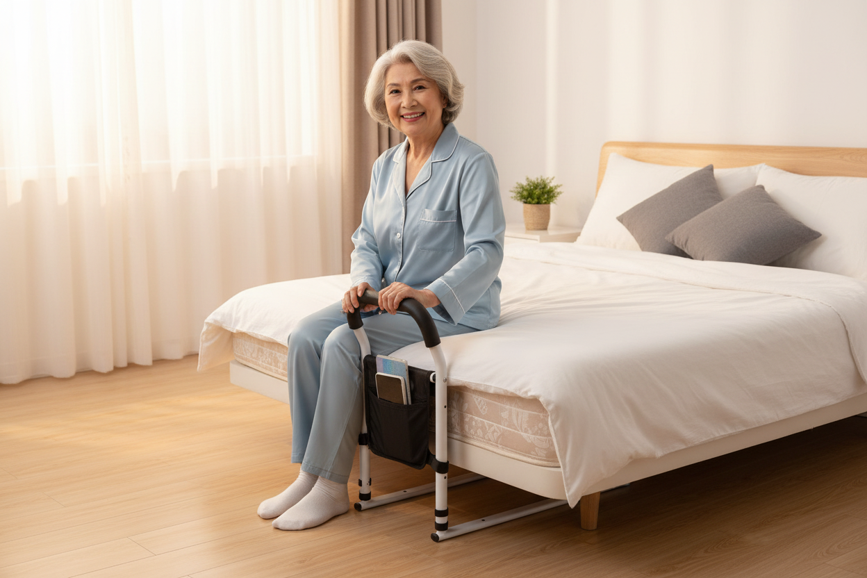 Elderly woman getting up with handrail