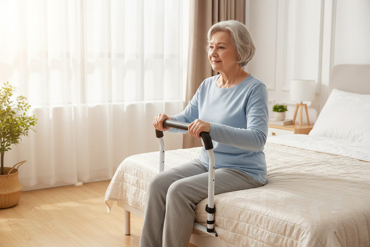 Elderly woman sitting on bed edge gripping handrail