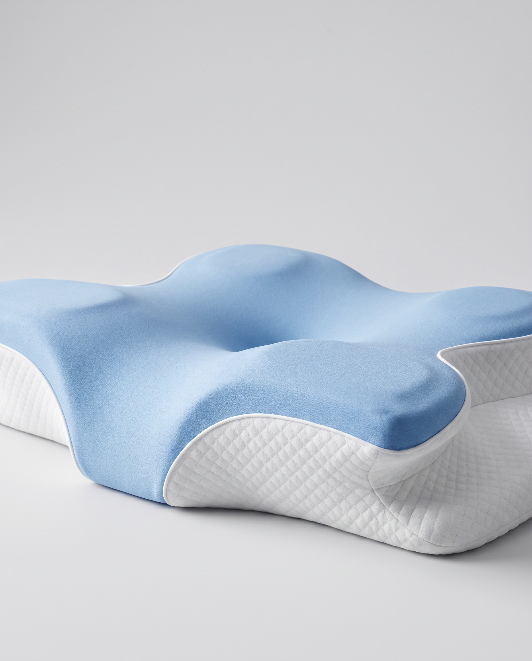 Close detail of the Helpfect butterfly pillow showing the contoured blue memory foam and quilted cover