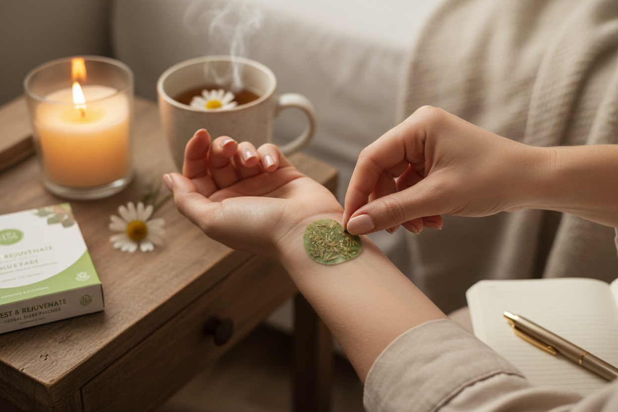 Hand applying herbal sleep patch before bedtime with candle and tea