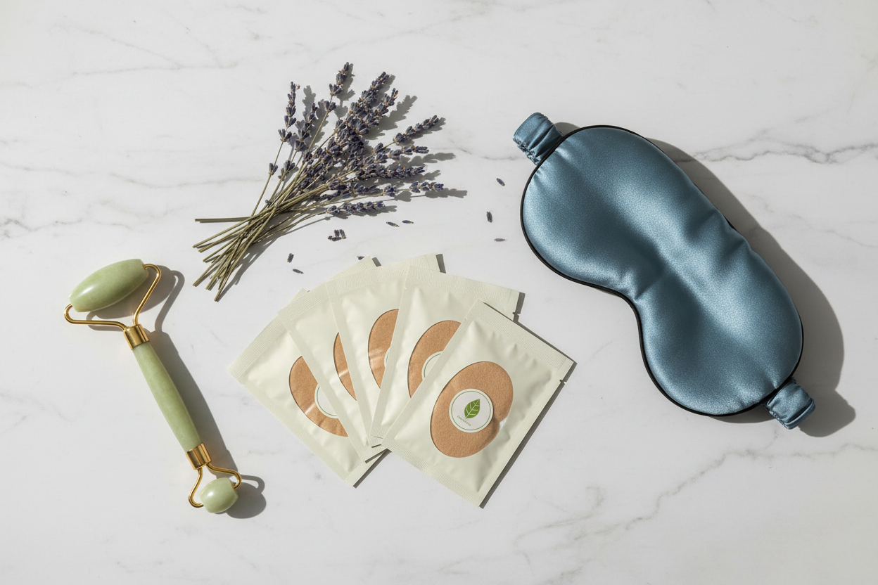 Herbal sleep patches flat lay with lavender and wellness accessories