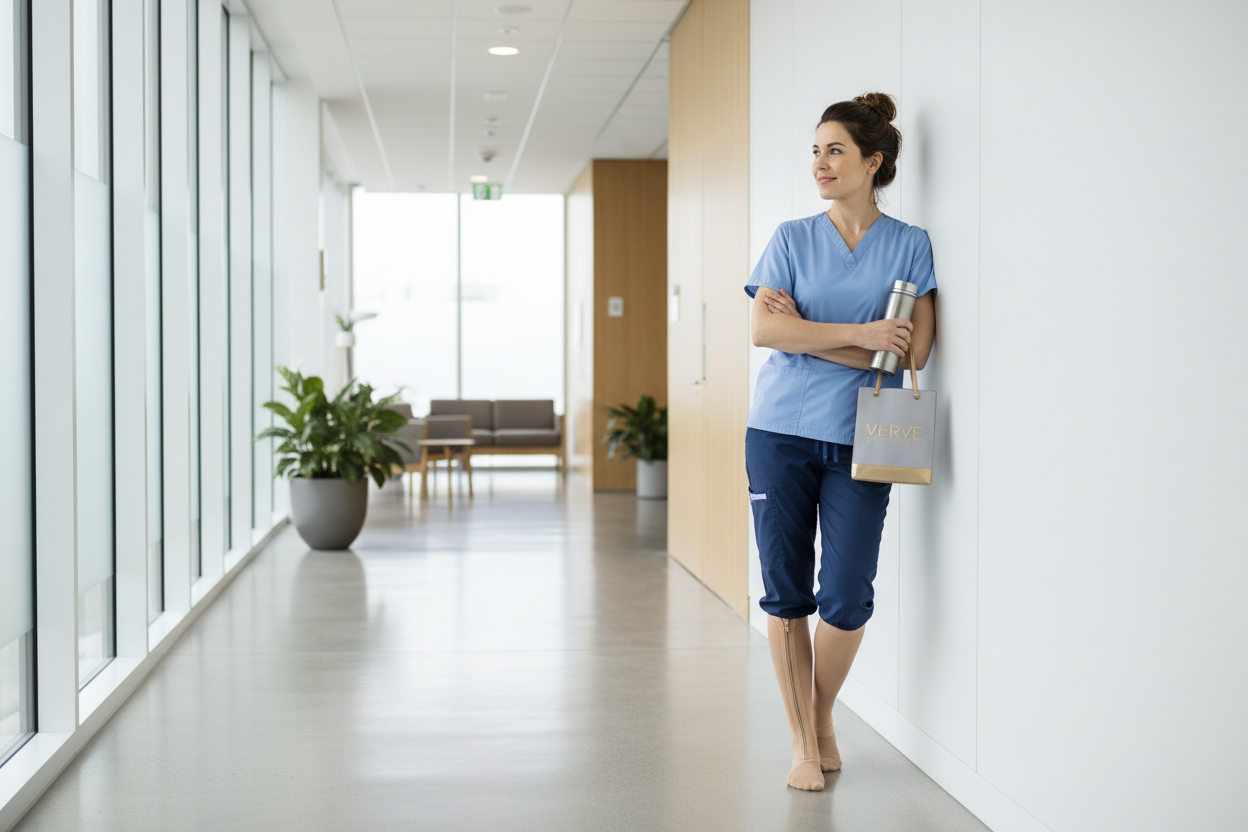 Nurse in skin-tone zipper compression socks