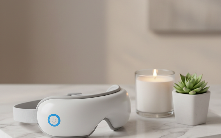 The eye massager folded and resting on a surface